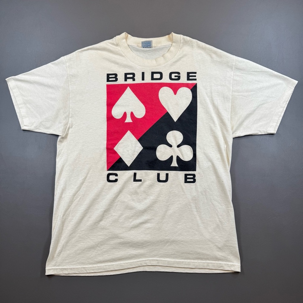 Vintage 90s Bridge Club Graphic T-Shirt Hanes Heavyweight XL 50/50